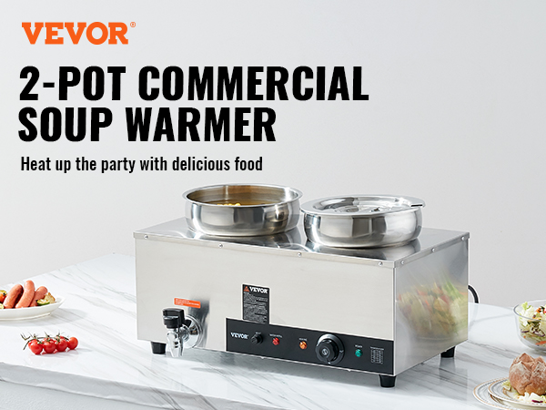 VEVOR Electric Soup Warmer, Dual 7.4QT Stainless Steel Round Pot 86~185°F  Adjustable Temp, 1200W Commercial Bain Marie with Anti-dry Burn and Reset  Button, Soup Station for Restaurant, Buffet, Silver