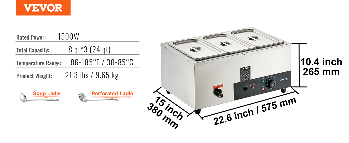 VEVOR 3-Pan Commercial Food Warmer, 3 x 8qt Electric Steam Table, 1500W Professional Countertop Stainless Steel Buffet Bain Marie with 86-185f Temp