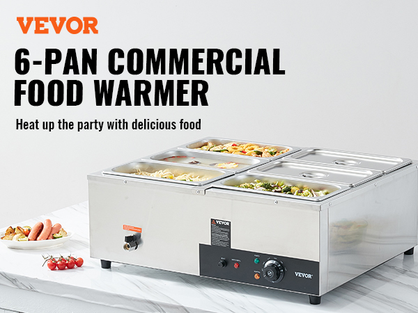 VEVOR 6 in. Deep Commercial Food Warmer 4 x 1/4GN 4-Pan Stainless Steel Bain