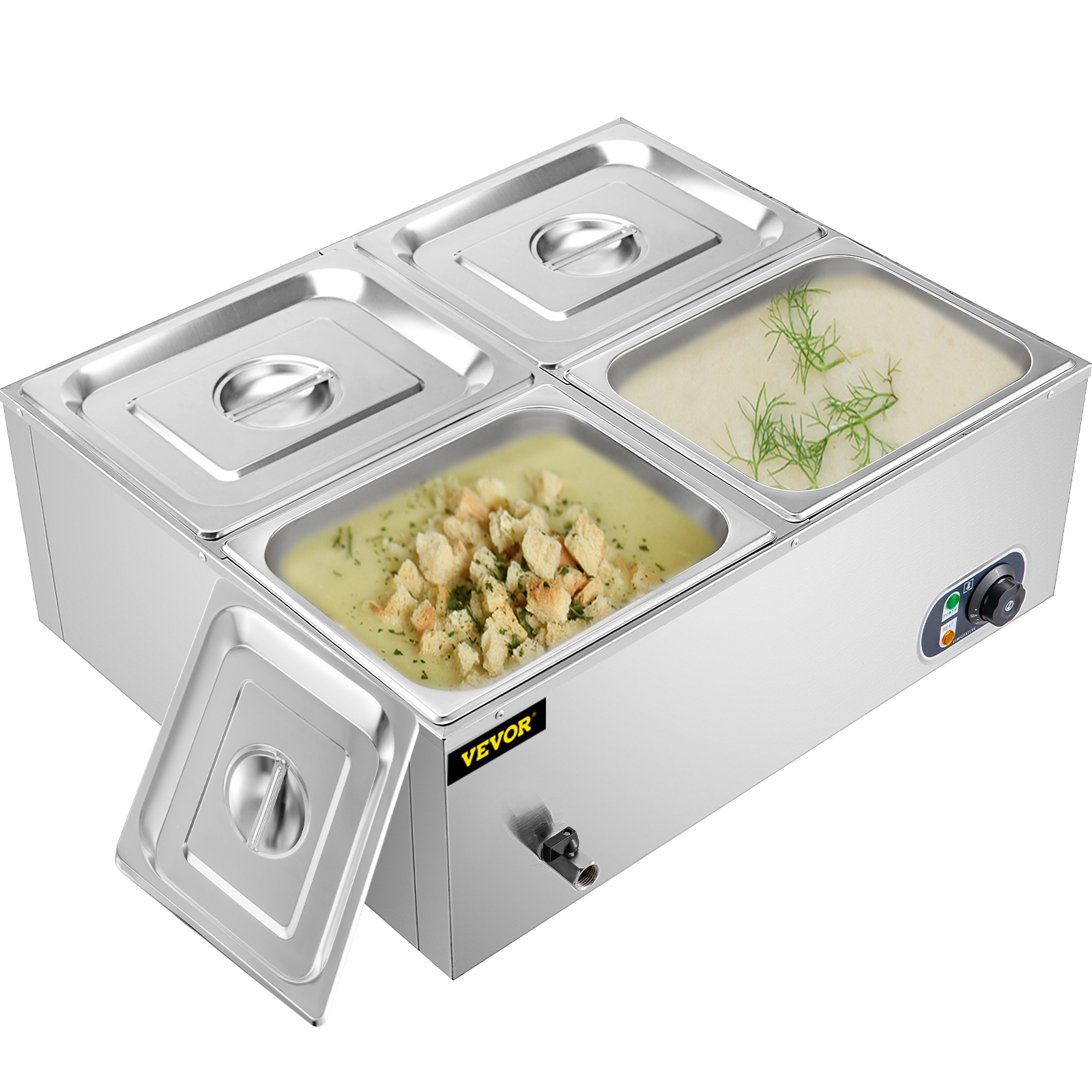 VEVOR 110V 4-Pan Commercial Food Warmer, 1200W Electric Steam Table  15cm/6inch Deep, Professional Stainless Steel Buffet Bain Marie 34 Quart  for Catering and Restaurants
