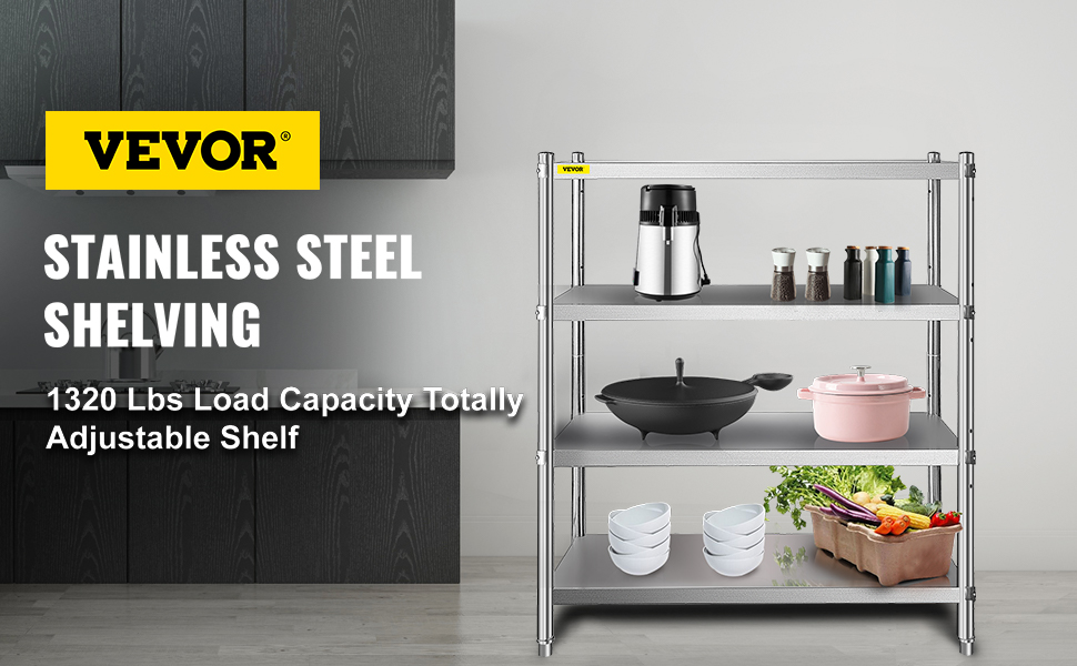 VEVORbrand 4-Tier Shelf Stainless Steel Shelving 330LB Capacity per Shelf  Commercial Standing Shelf Unit for Kitchen, Office, Garage Storage