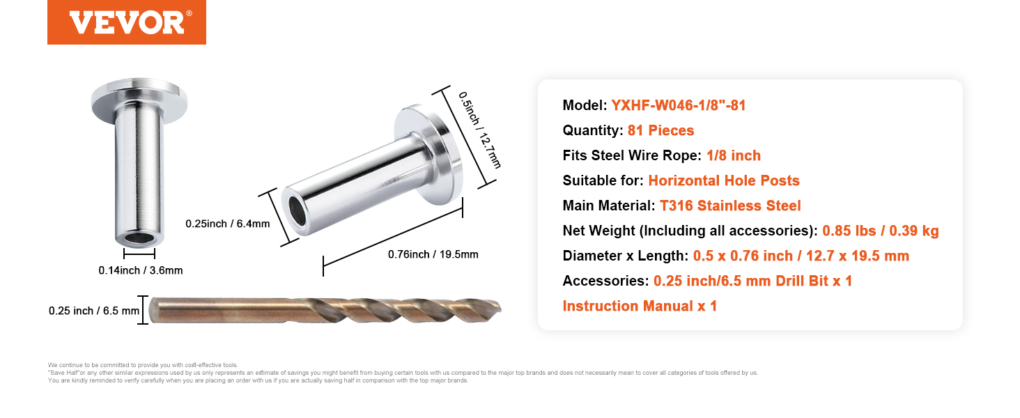 VEVOR 81 Pack T316 Ochranné objímky z nerezové oceli pro 3,2 mm drátěné lano kabelové zábradlí, DIY Balustrade T316 Marine Grade, dodáváno s vrtákem zdarma, stříbrná