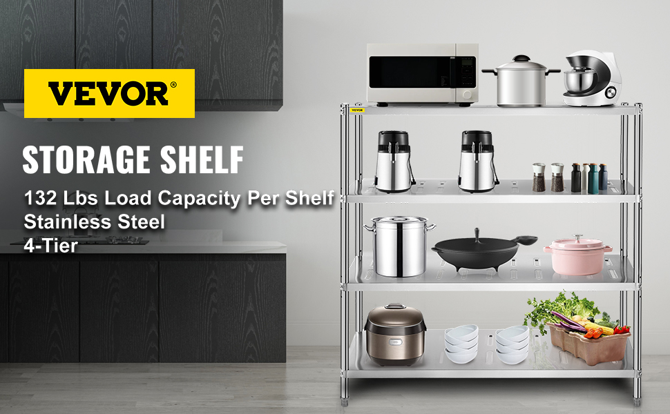 VEVORbrand 4-Tier Shelf Stainless Steel Shelving 330LB Capacity per Shelf  Commercial Standing Shelf Unit for Kitchen, Office, Garage Storage