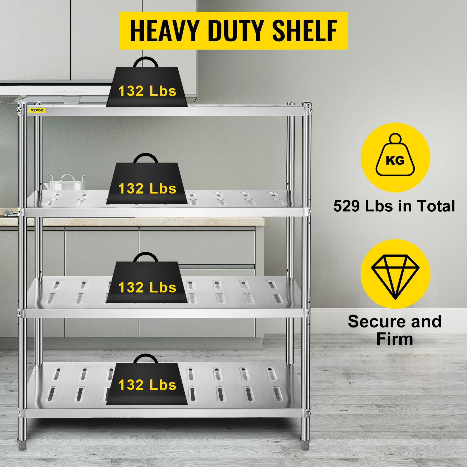 VEVOR Stainless Steel Shelves 47.5x18 Inch 5 Tier Adjustable Shelf Storage  Unit Stainless Steel Rack Shelving Heavy Duty Shelving for Kitchen