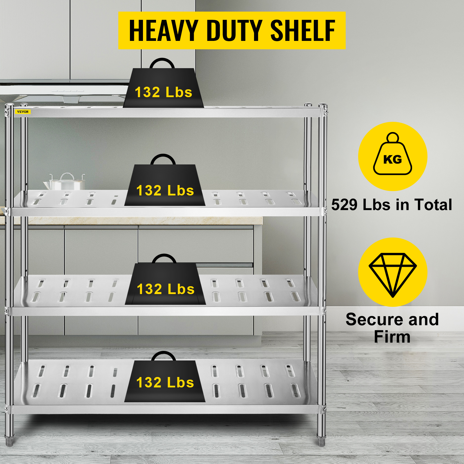 VEVOR Storage Shelf, 4-Tier Storage Shelving Unit, Stainless Steel Garage  Shelf, 59.1 x 17.7 x 61 inch Heavy Duty Storage Shelving, 529 Lbs Total  Capacity with Adjustable Height and Vent Holes