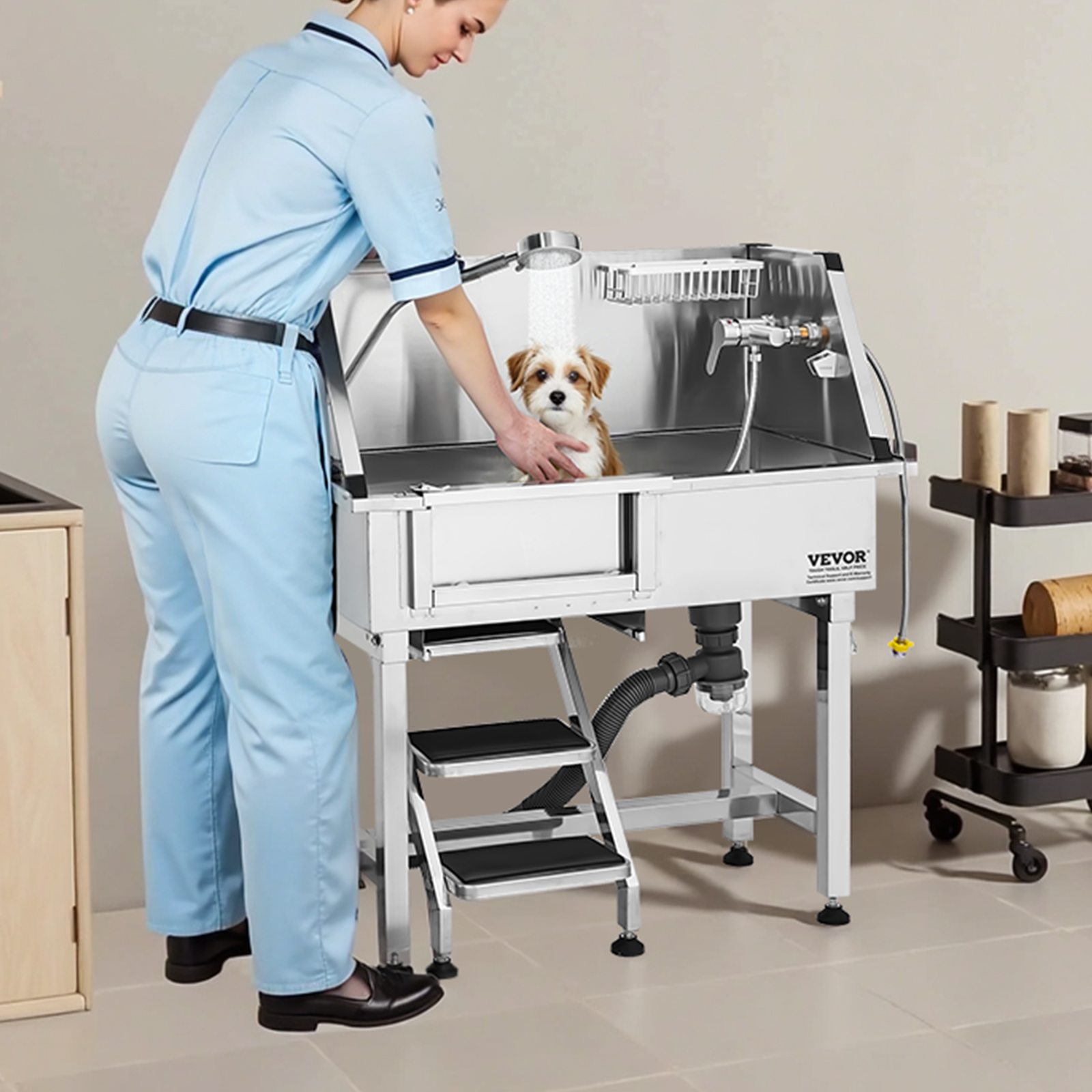 Uimoso 34"/38"/50"/61"/62" Pet Dog Grooming Tub w/ Stair & Ramp Stainless Steel
