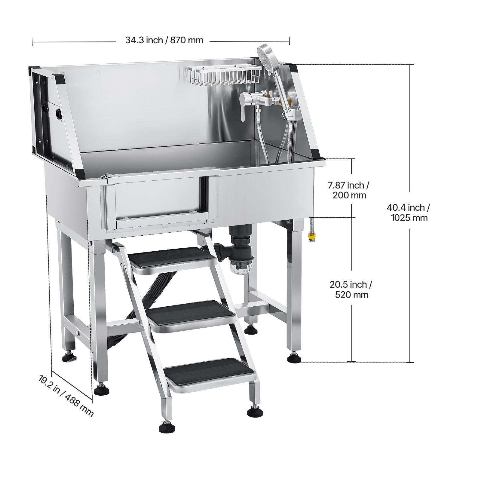 Uimoso 34"/38"/50"/61"/62" Pet Dog Grooming Tub w/ Stair & Ramp Stainless Steel