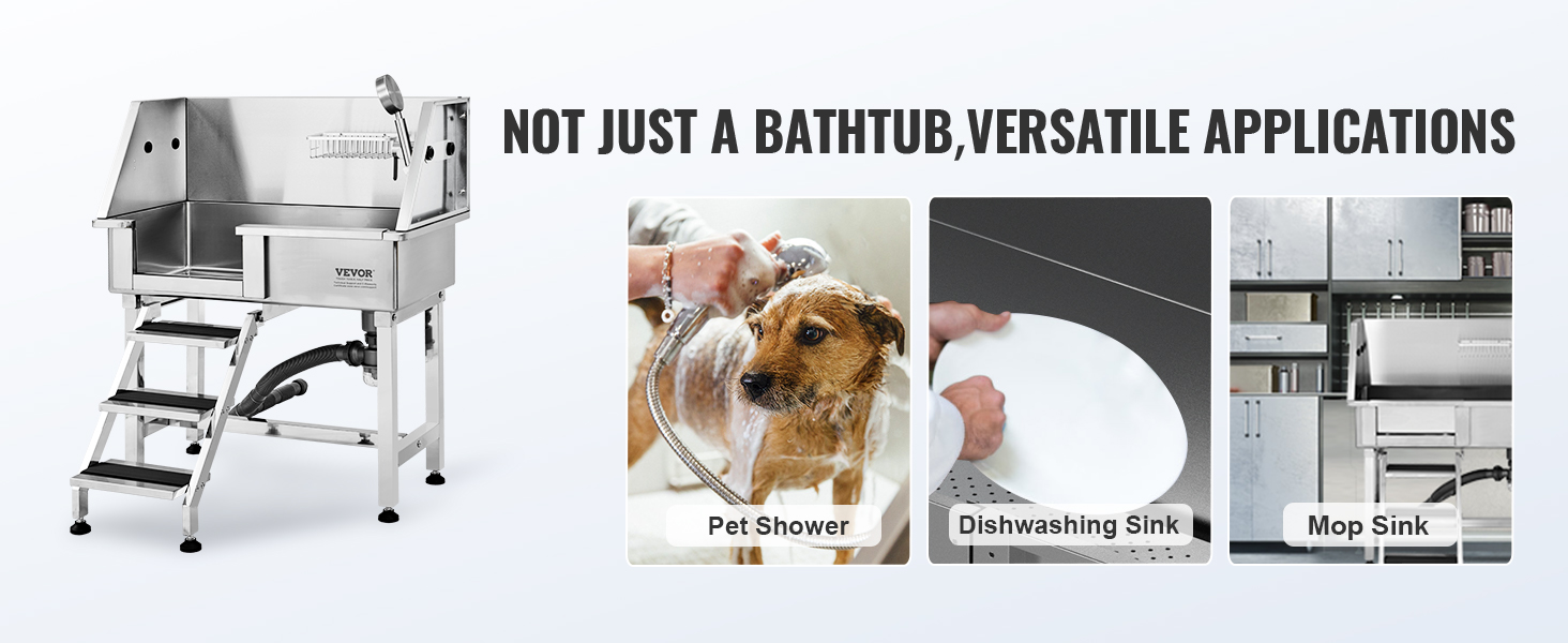 Bañera de aseo para perros, bañera de acero inoxidable para mascotas con  rampa, grifo, rociador y kit de drenaje