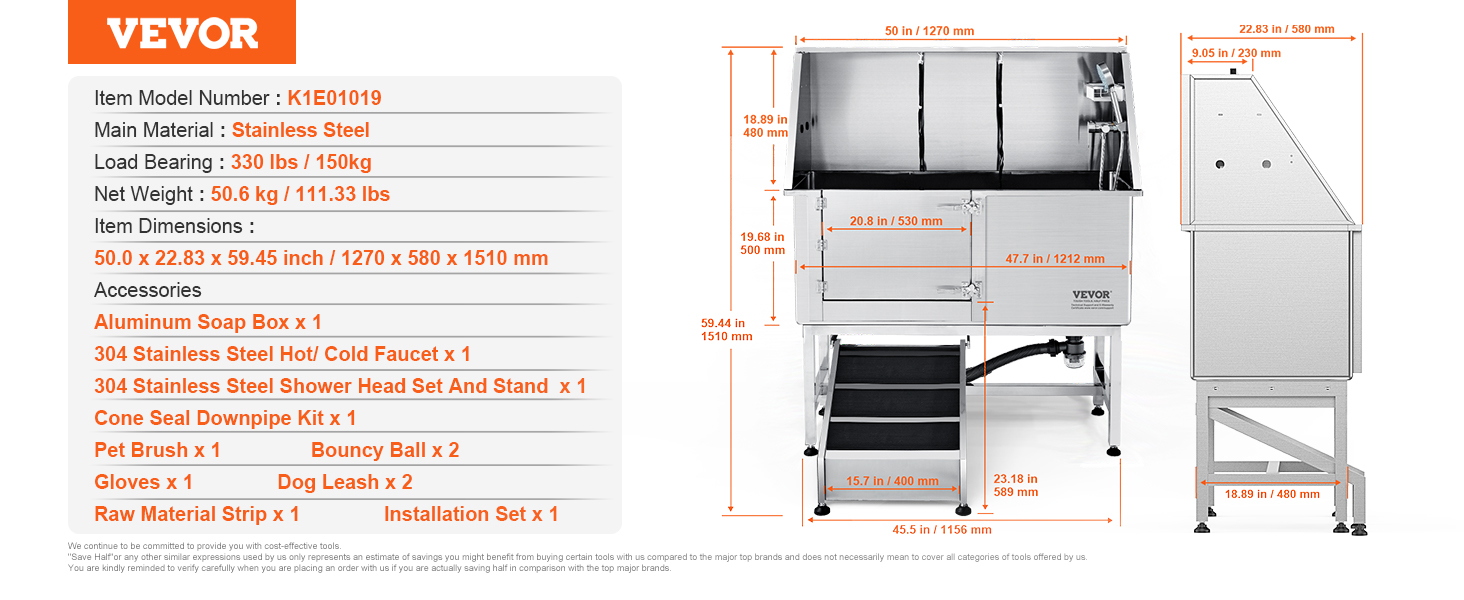 VEVOR 1,27M koupací stanice pro psy s rampou, profesionální nerezová vana na péči o psy s boxem na mýdlo, kohoutek, bohaté příslušenství, vana pro psy pro velká, střední a malá zvířata, umyvadlo pro domácí levou
