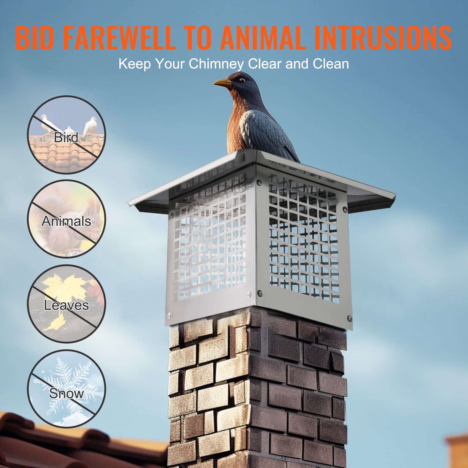 VEVOR Chimney Cap 9x9/12x12/13x9/17x17in 304Stainless Steel Fireplace Flue Caps