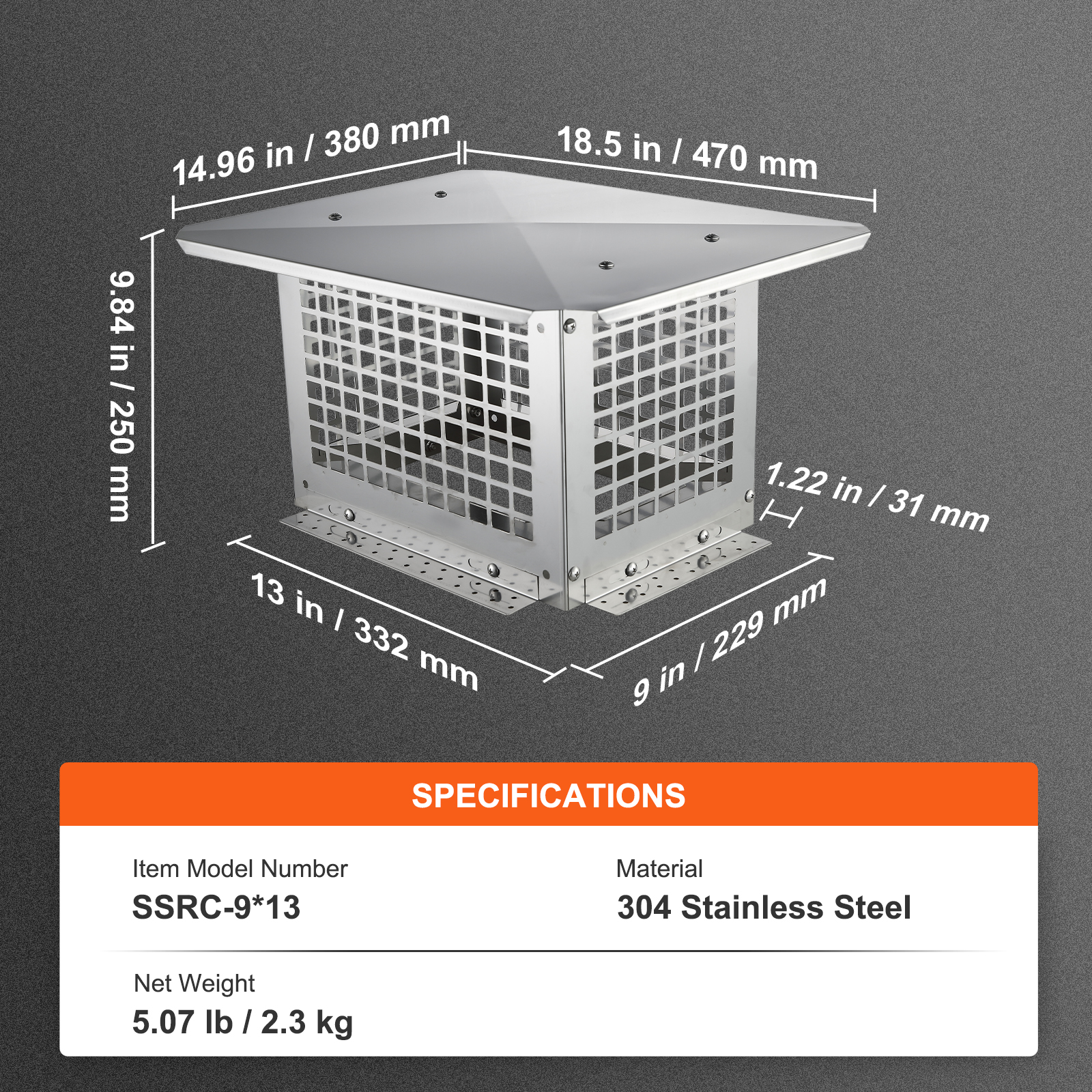 VEVOR Chimney Cap 9x9/12x12/13x9/17x17in 304Stainless Steel Fireplace Flue Caps