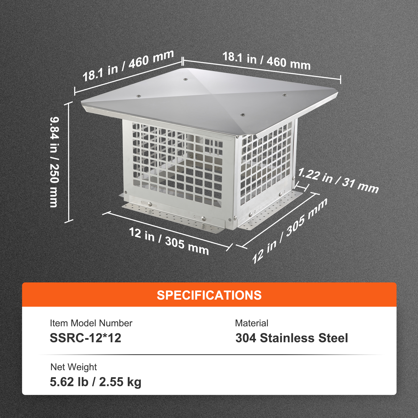 VEVOR Chimney Cap 9x9/12x12/13x9/17x17in 304Stainless Steel Fireplace Flue Caps