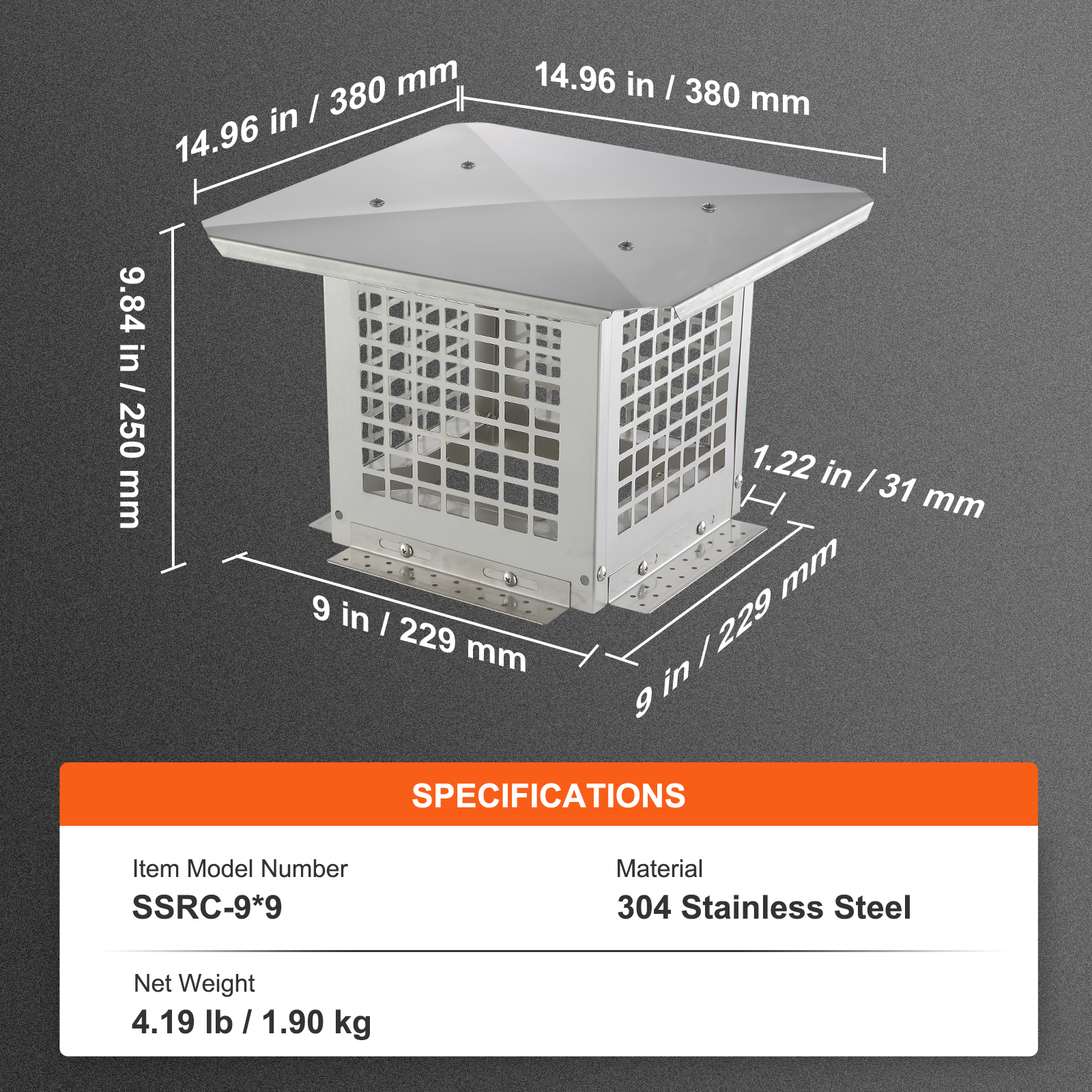 VEVOR Chimney Cap 9x9/12x12/13x9/17x17in 304Stainless Steel Fireplace Flue Caps