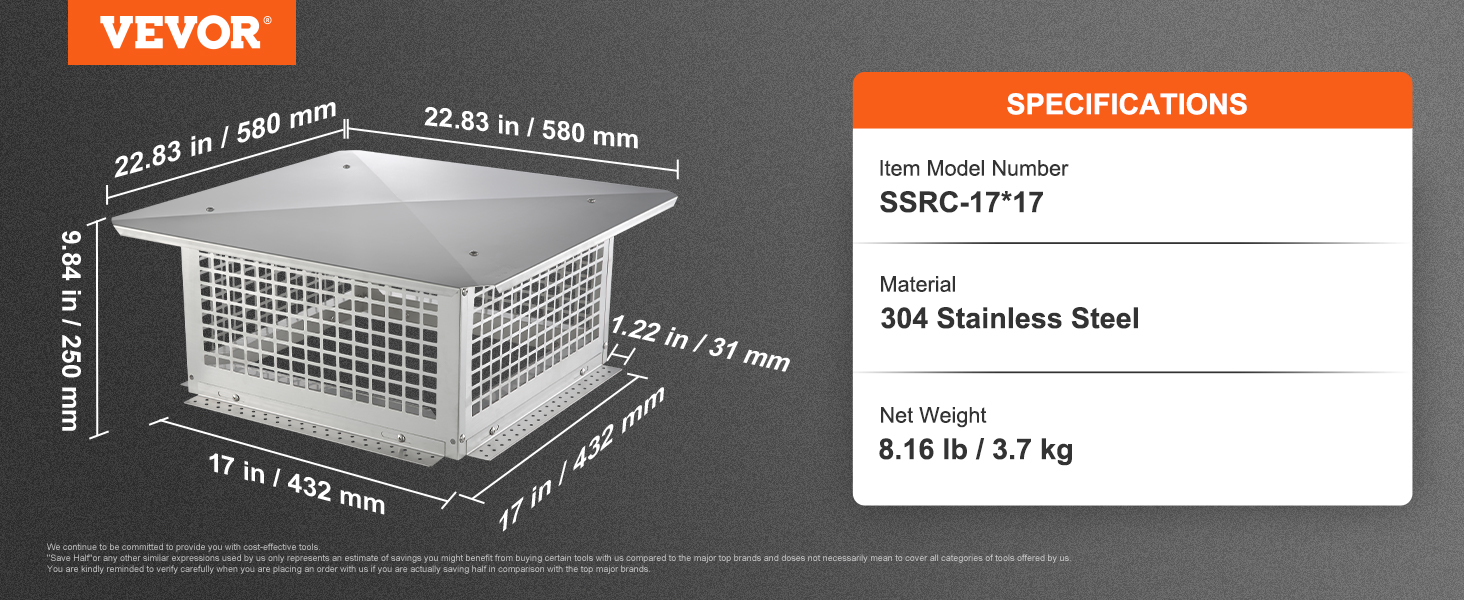 Komínová krytka VEVOR, 431,8 x 431,8 mm, 304 nerezový kryt krbu, nesnadno se shazuje a praktické příslušenství a snadná instalace, hodí se k poklopům ze síťoviny mimo hliněné šindele, stříbrná