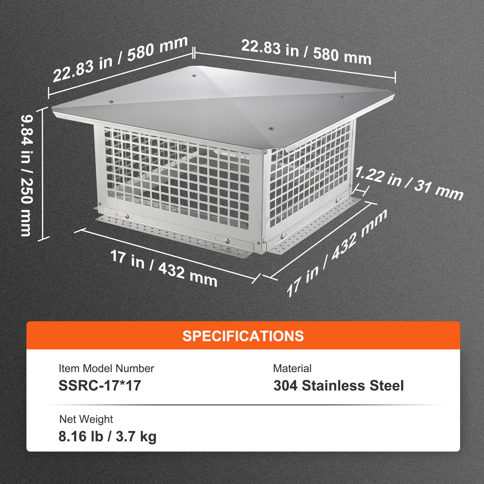 VEVOR Chimney Cap 9x9/12x12/13x9/17x17in 304Stainless Steel Fireplace Flue Caps