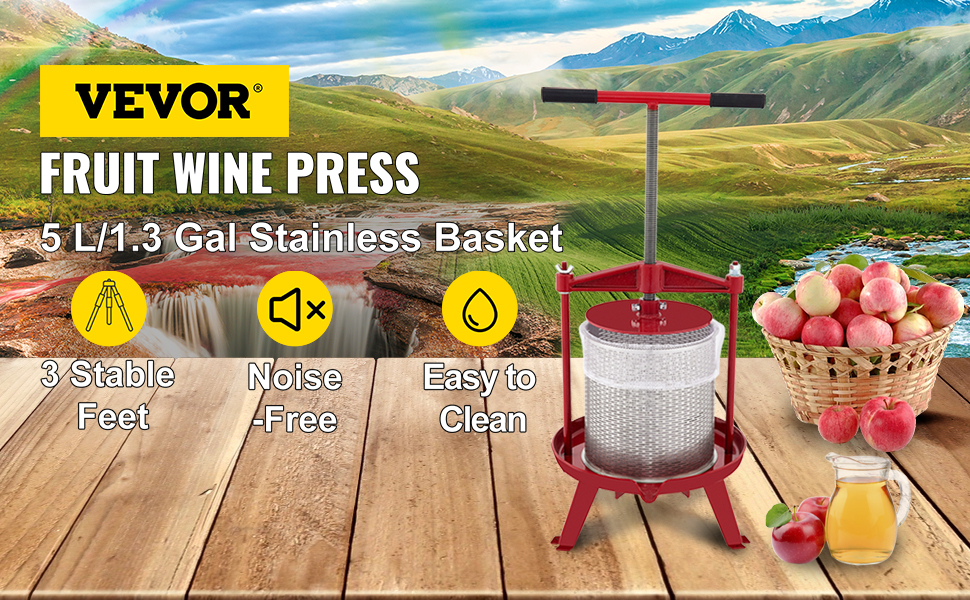 VEVOR Fruit Wine Press, 1.45Gal/5.5L Grape Press for Wine Making, Wine Press  Machine with 2 Stainless Steel Barrels, Wine Cheese Fruit Vegetable  Tincture Press with T-Handle and 0.1/3mm Thick Plate