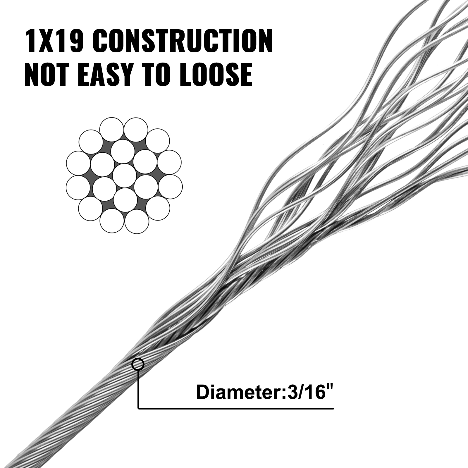 Vevor 316 Stainless Steel Wire Rope Steel Wire Cable 3/16'' 500ft