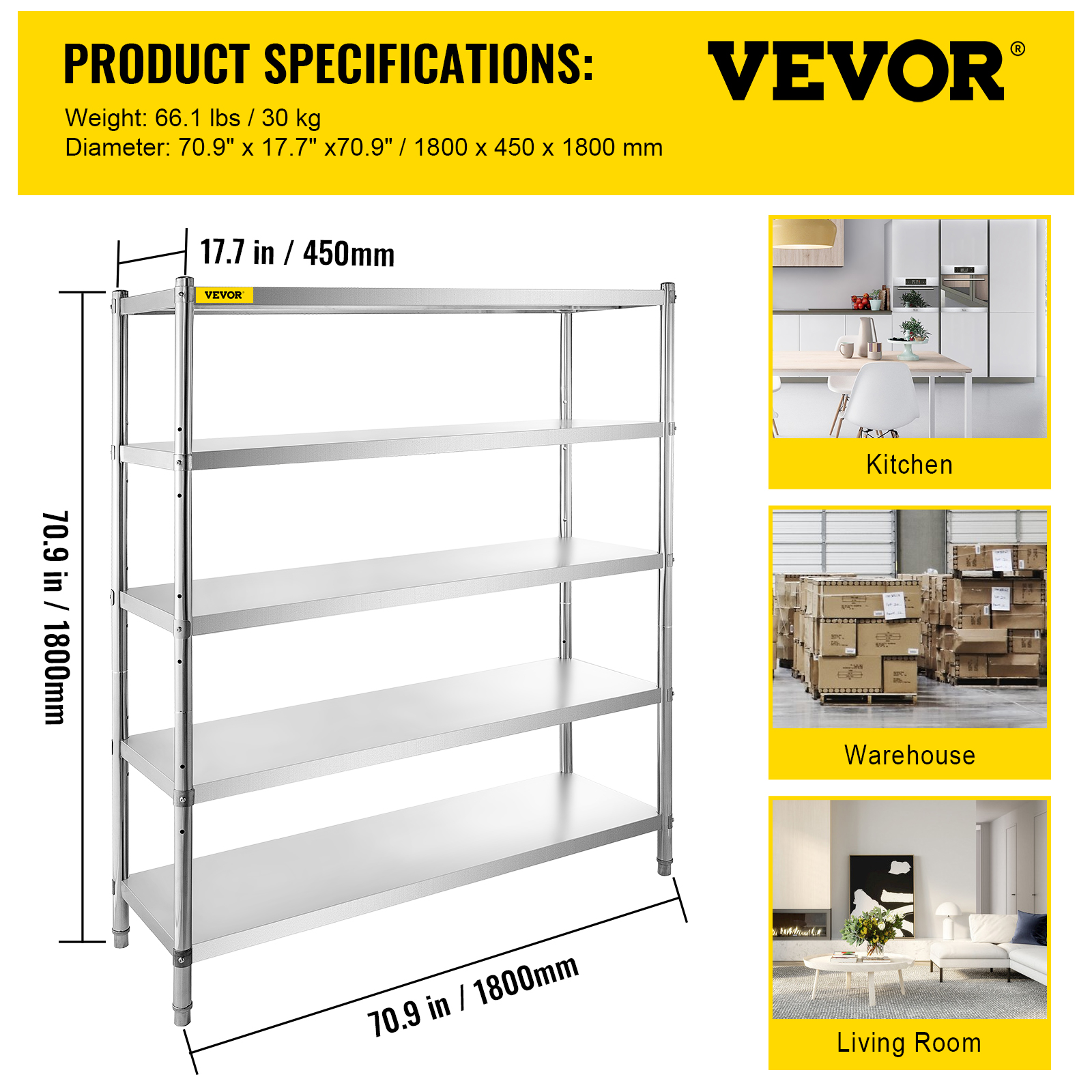 VEVOR Stainless Steel Shelving Adjustable Storage Shelf 5-Tier Storage Rack BXGHJYCCBD725ZZFTV0