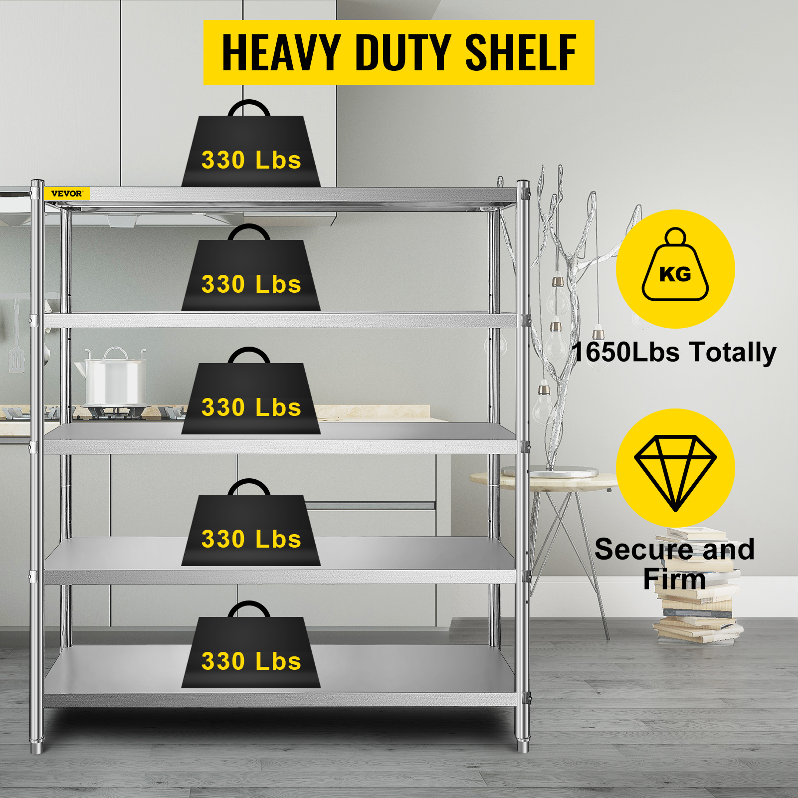 VEVOR Stainless Steel Shelving Adjustable Storage Shelf 5-Tier Storage Rack BXGHJYCCBD725ZZFTV0