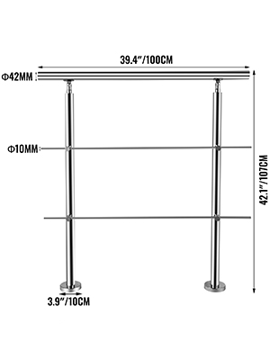 A VEVOR rozsdamentes lépcsőkorlát méretei: 100 cm szélesség, 107 cm magasság, 10 cm alapátmérő.