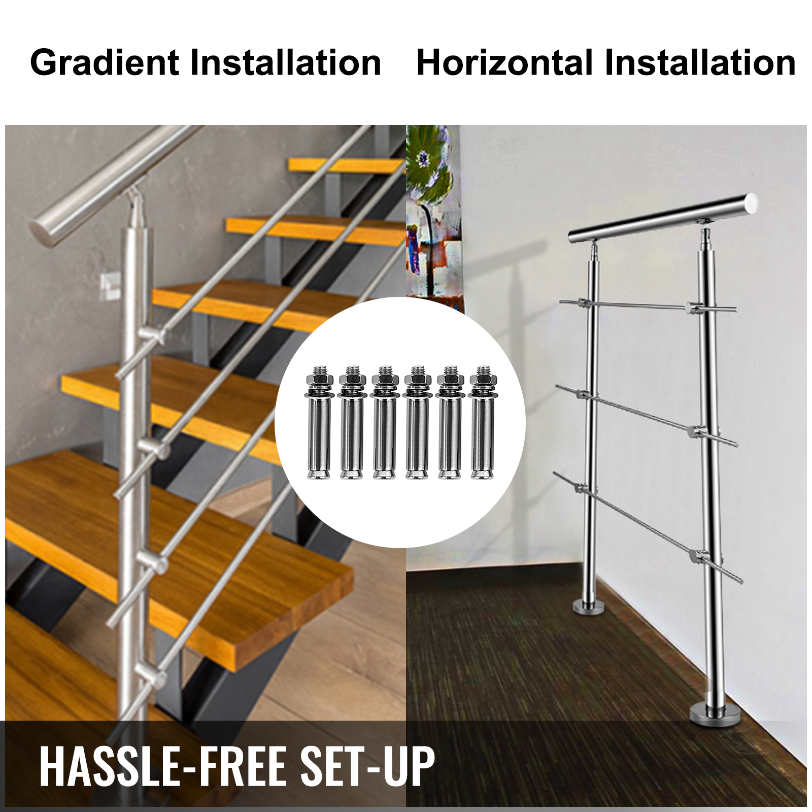 VEVOR Stainless Stair Handrail with 3 Cross Bars Hand Rails for Steps