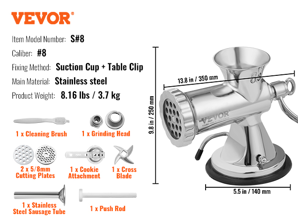 VEVOR Manual Meat Grinder 304 Stainless Steel Hand Meat Grinder with Steel Table Clamp Meat Mincer Sausage Maker & 2 Cutting Plates Cookie