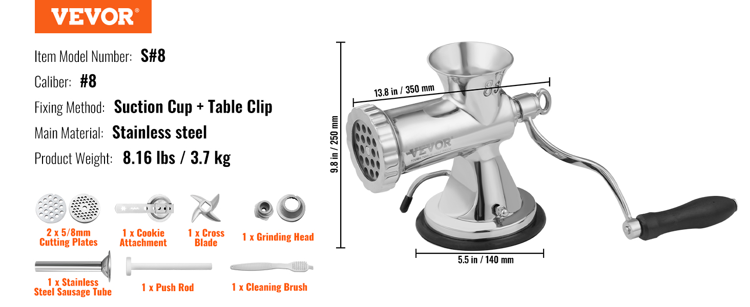 Ruční mlýnek na maso VEVOR, ruční mlýnek na maso 304 z nerezové oceli s přísavkou + ocelová stolní svorka, mlýnek na maso, výrobník klobás a 2 krájecí talíře, hadička na klobásy, mlecí hlava na cukroví s hovězím pepřem