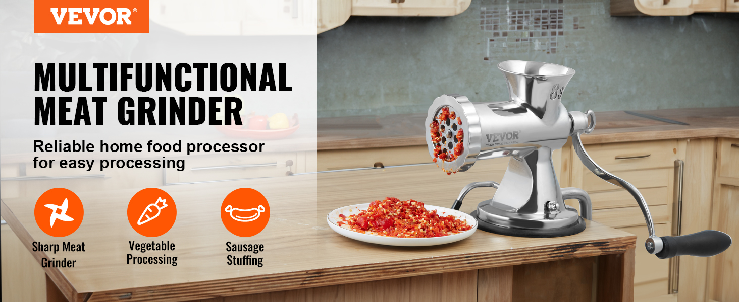 VEVOR manual meat grinder in a kitchen, showing the grinding process. icons for meat, vegetables, sausage.