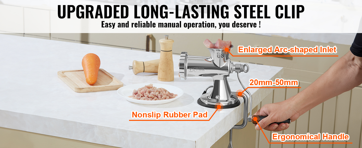 VEVOR manual meat grinder with enlarged arc-shaped inlet, nonslip rubber pad, and ergonomical handle.