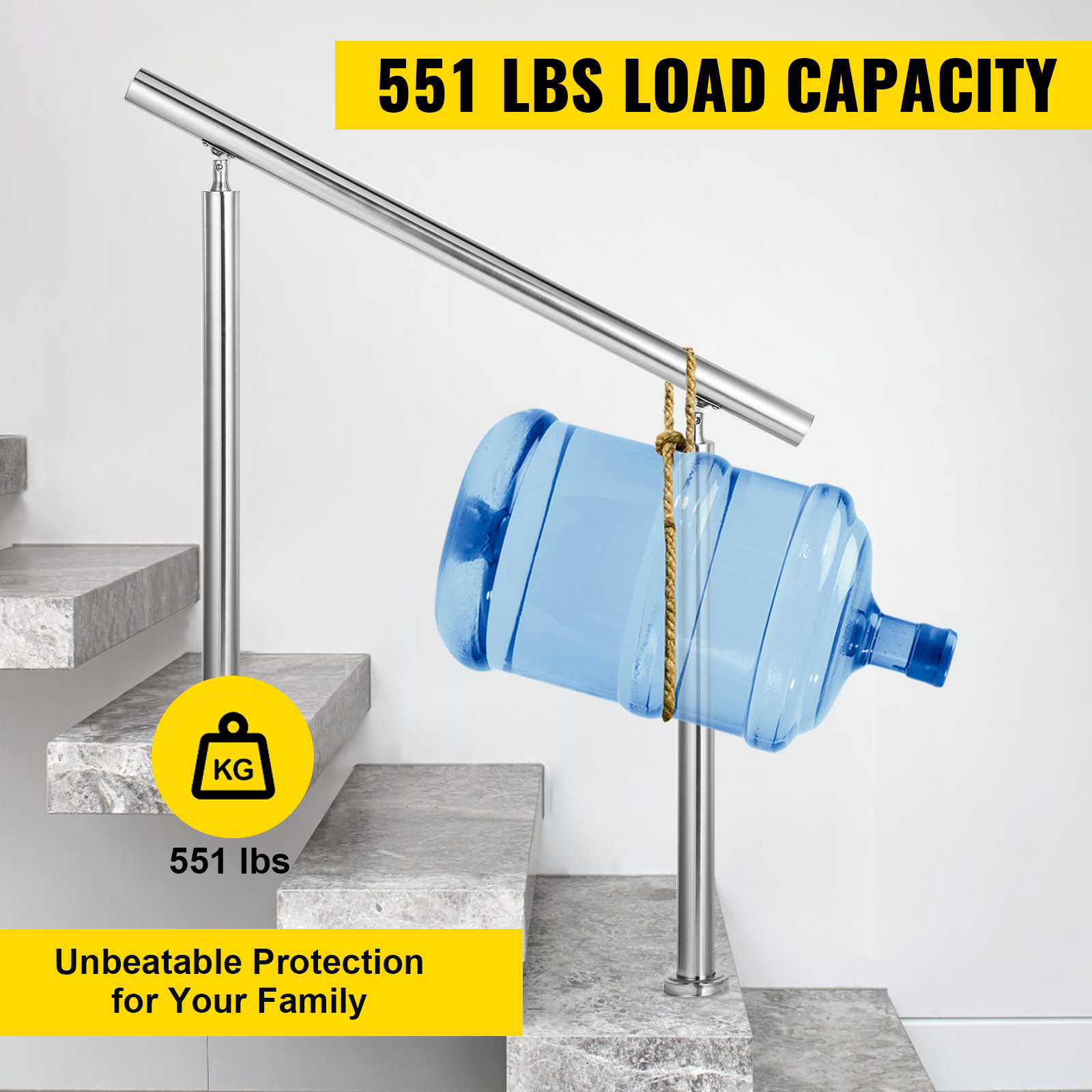 VEVOR Stainless Steel Handrail 551LBS Load Handrail for Outdoor Steps 55x34" Outdoor Stair Railing Silver Stair Handrail Transitional Range from 0 to 90° Stair Rail Fits 4-5 Steps with Screw Kit