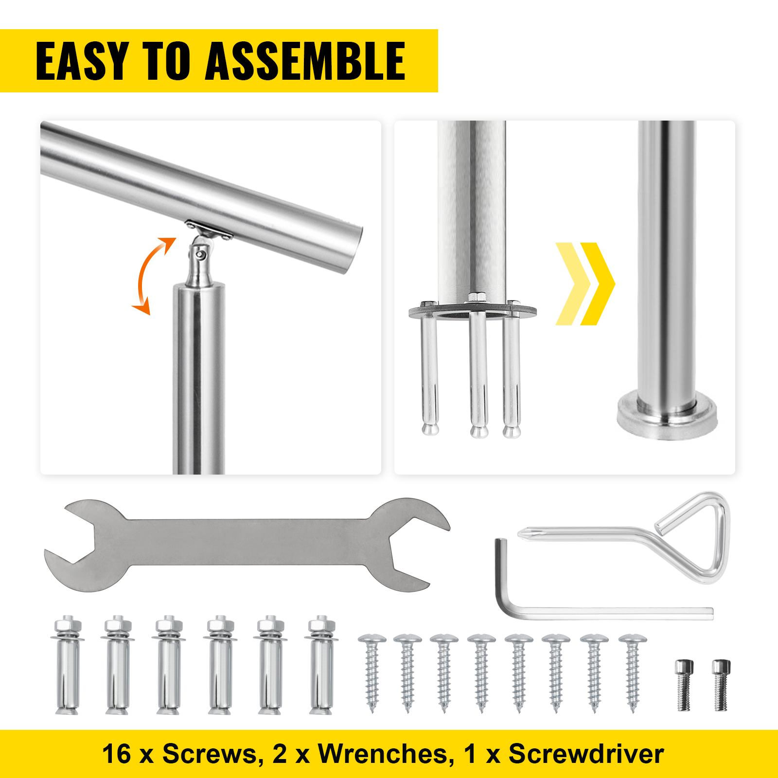 VEVOR Stainless Steel Handrail 551LBS Load Handrail for Outdoor Steps 55x34" Outdoor Stair Railing Silver Stair Handrail Transitional Range from 0 to 90° Stair Rail Fits 4-5 Steps with Screw Kit