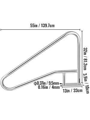 VEVOR medencekapaszkodó rúd rozsdamentes acél 139,7x81,2 cm úszómedence kapaszkodó 113 kg teherbírás beléptető medence 4,8 cm fogantyú ív fogantyú borítással lépcső medence medencékhez ferde helyzetek spa vízi park