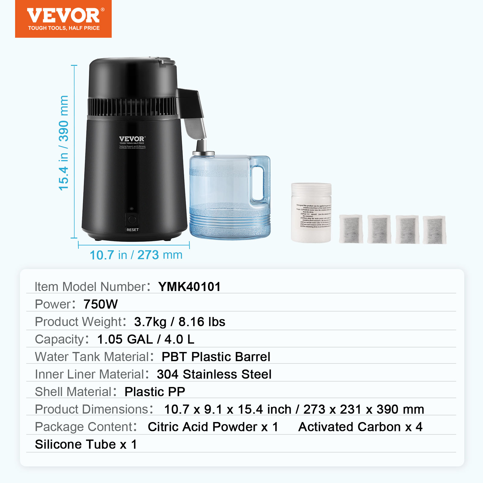 VEVOR 4L Water Distiller Purifier Machine Stainless Steel Timing & Temp Display