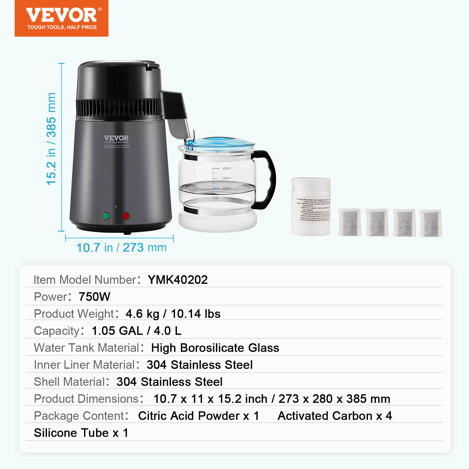 VEVOR 4L Water Distiller Purifier Machine Stainless Steel Timing & Temp Display