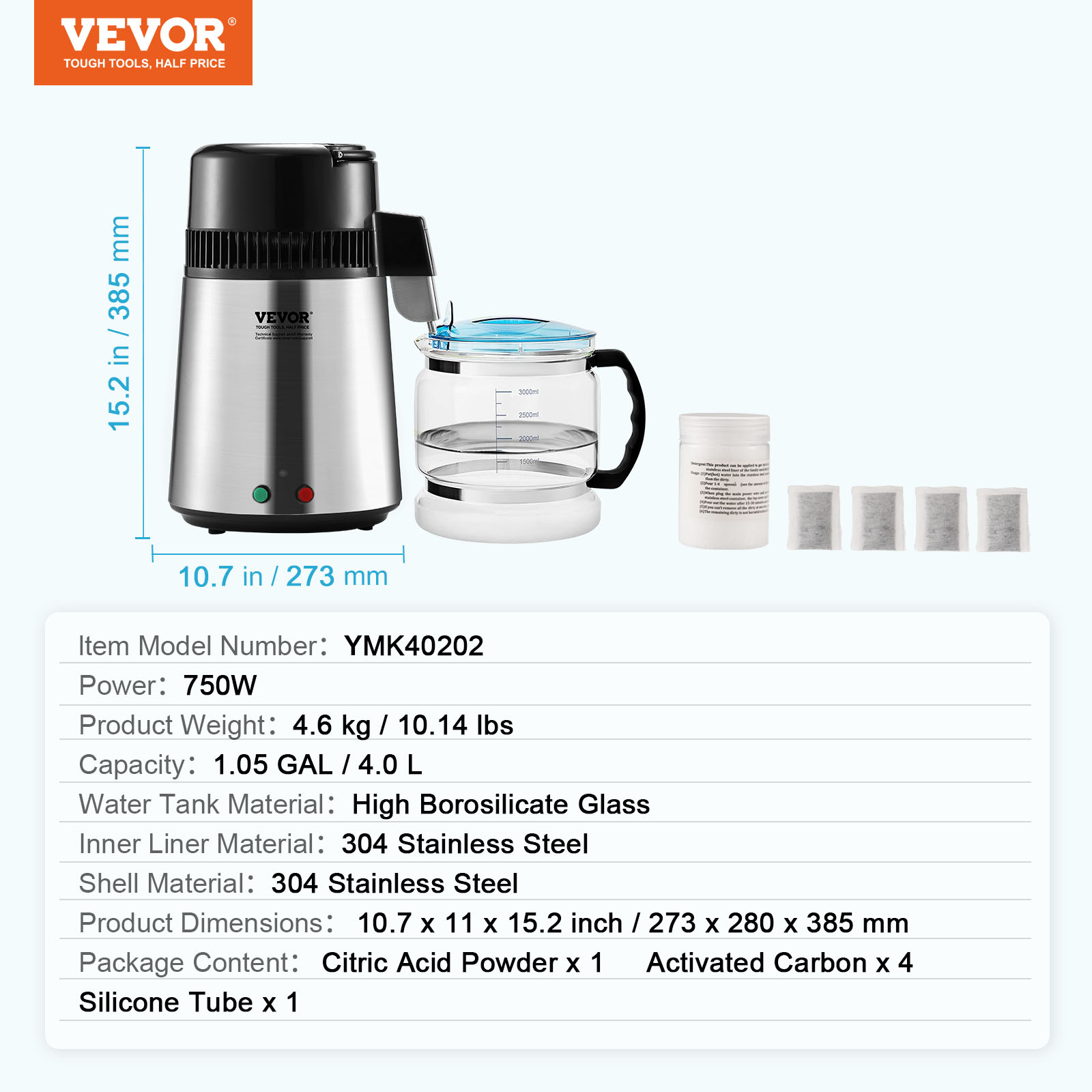 VEVOR 4L Water Distiller Purifier Machine Stainless Steel Timing & Temp Display