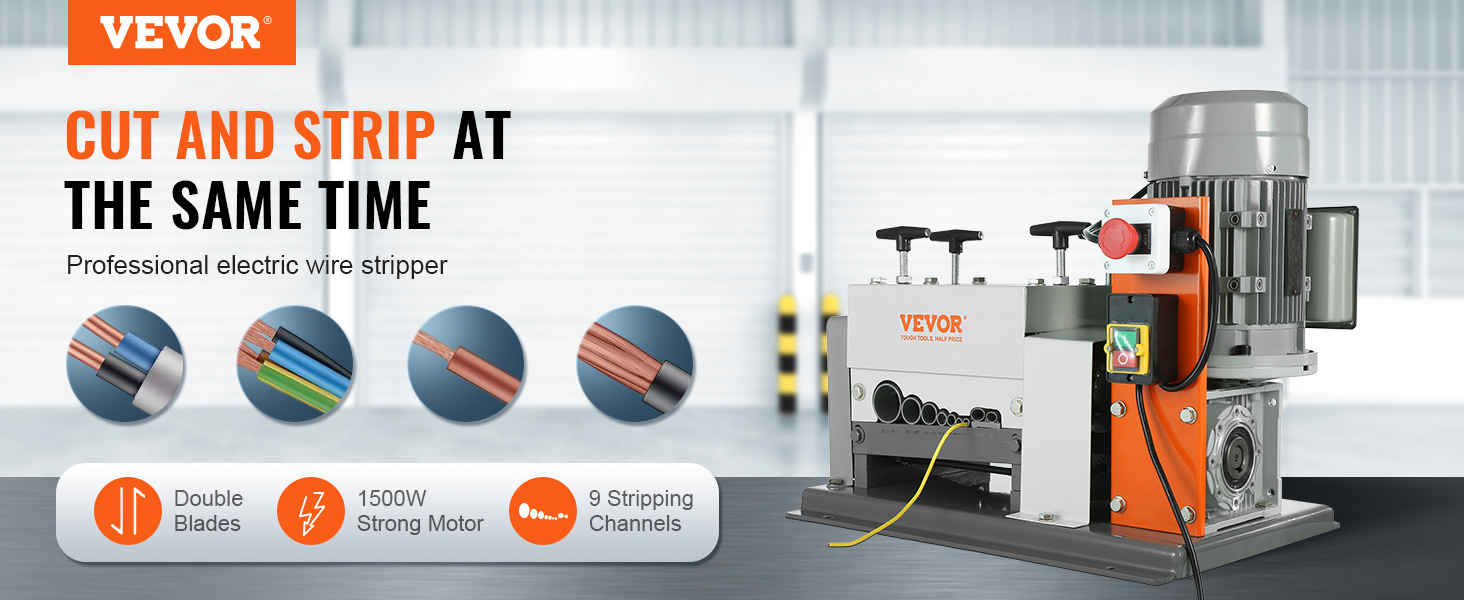 VEVOR Automatic Wire Stripping Machine, 0.06''-1.57'' Electric Motorized  Cable Stripper, 1500 W, 88 ft/min Wire Peeler with Double Blades  (Cut/Peel), 9 Channels for Scrap Copper Recycling