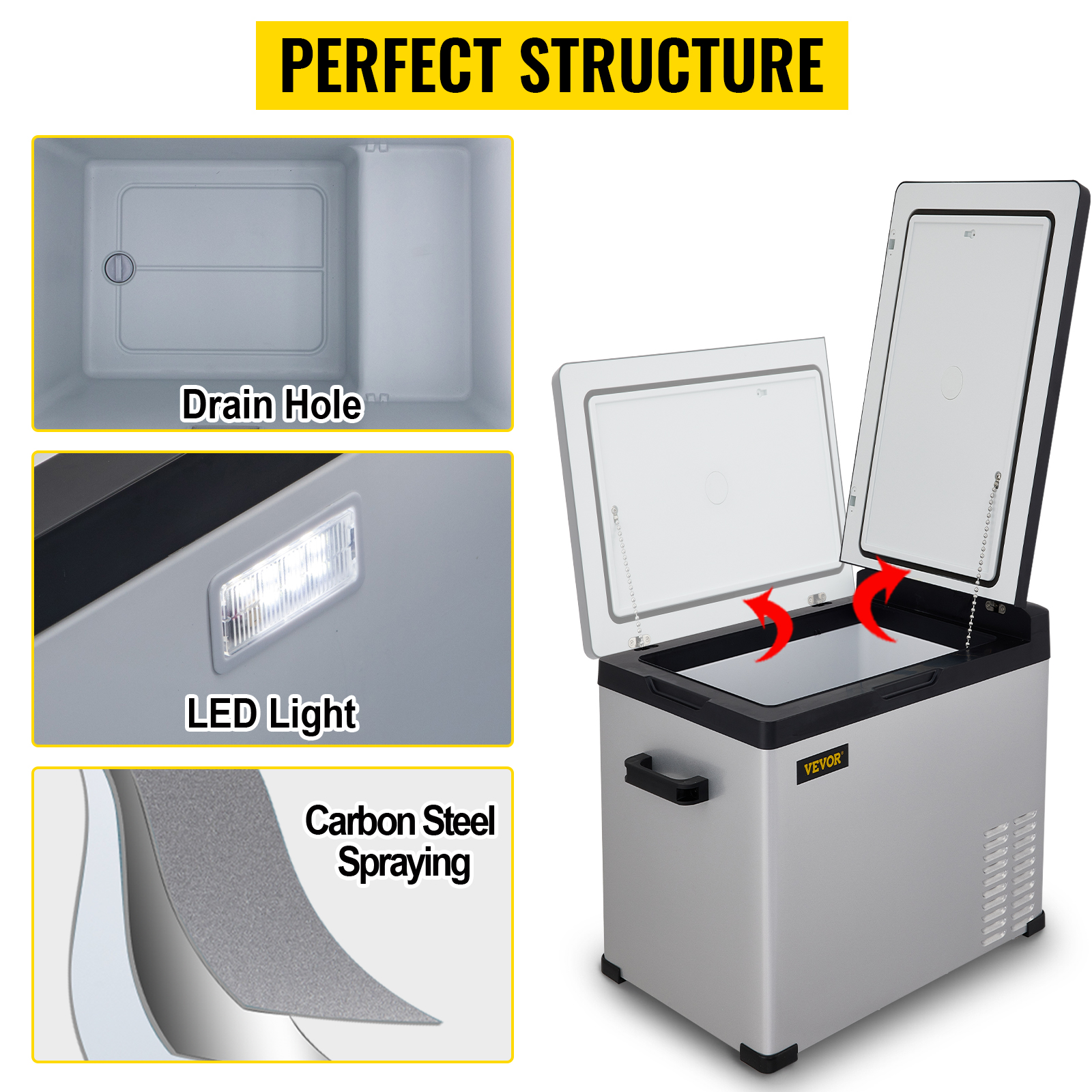 VEVOR 53 Quart Portable Refrigerator, Compressor Refrigeration, 12V/24V DC  and 110-220V AC, With Bluetooth Control, Energy Star