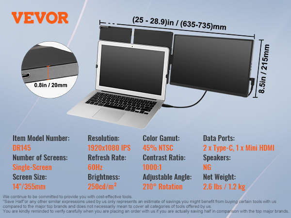 VEVOR Portable Laptop Screen Extender, 14