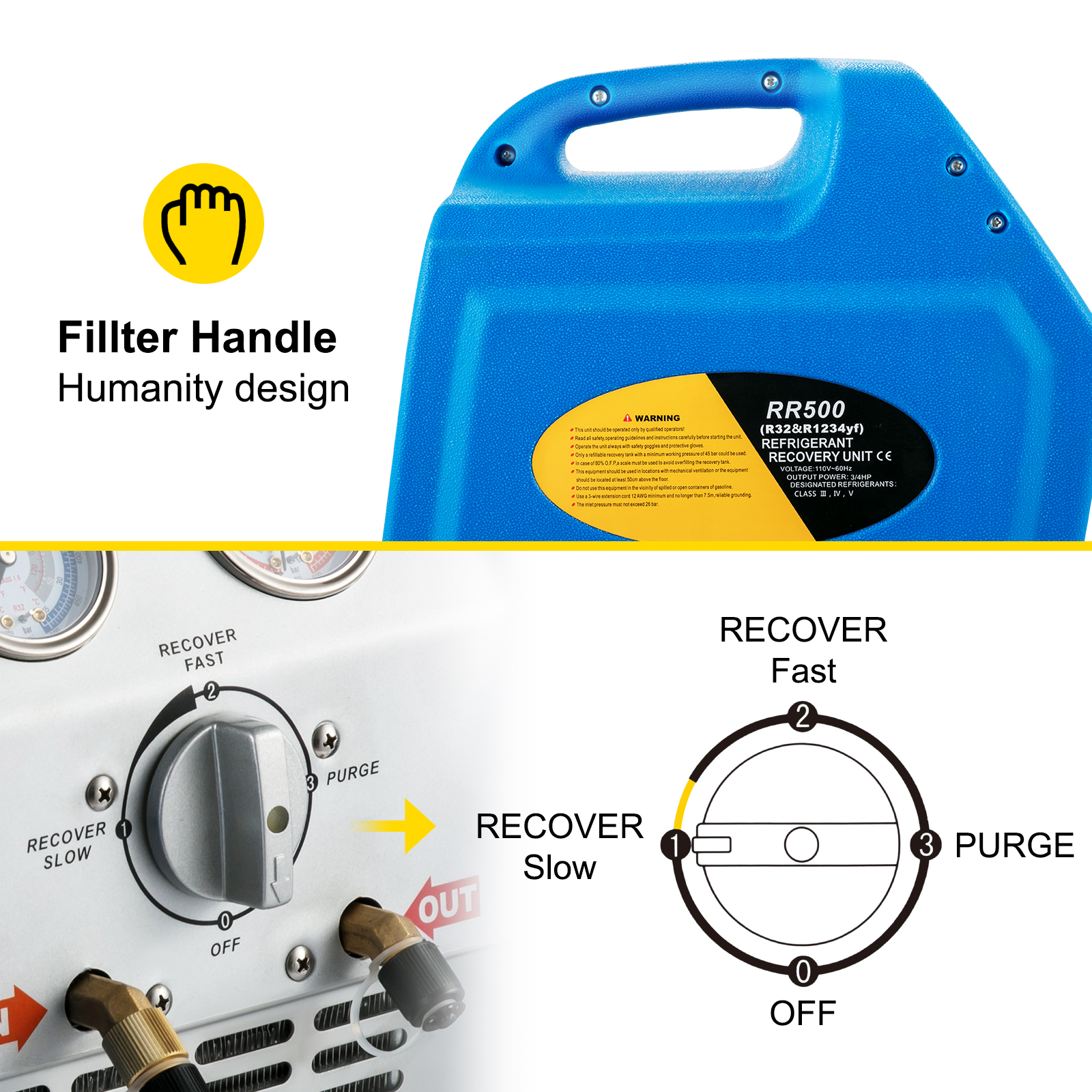 VEVOR Refrigerant Recovery Machine, 110V-120V AC 60Hz 3/4HP, Dual Cylinder Oil-less, Portable Recovery Unit, for Both Liquid and Vapor Refrigerant, Air Condition Blue