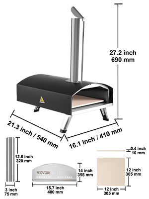 VEVOR Outdoor-Pizzaofen 12 Zoll – Holz-/Pellet-Betrieb, Mit Thermometer & Elektrischer Drehfunktion, Inkl. Tragetasche