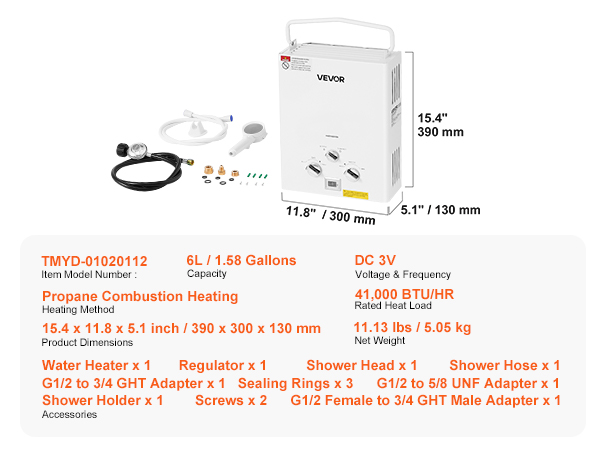 Portable Propane Water Heater 6L Tankless with Accessory Regulator for RV