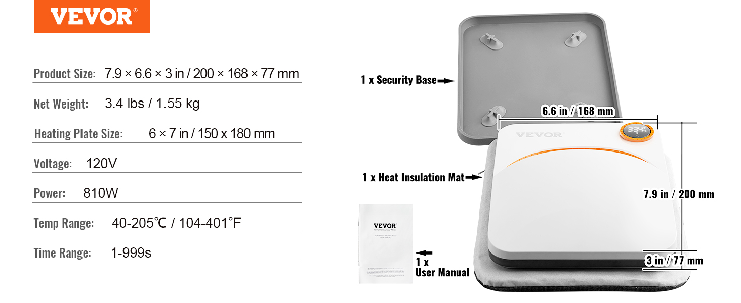VEVOR Heat Press 7 x 8 Inch Easy Press 800W 0-200? Mini Press  Highly-sensitive
