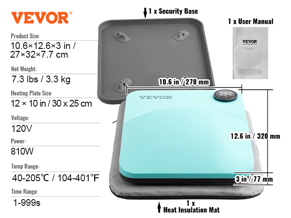 VEVOR VEVOR Heat Press 12 x 10 Inch Easy Press 800W Mini Press Portable  Easy Mini Press Vibration Function Double-tube Heating Heat Press Machine  for T Shirts with Sensitive Touch Screen Display