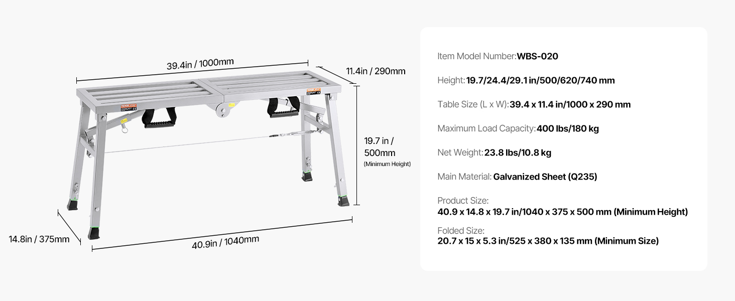 Work platform,adjustable height,400 lb load