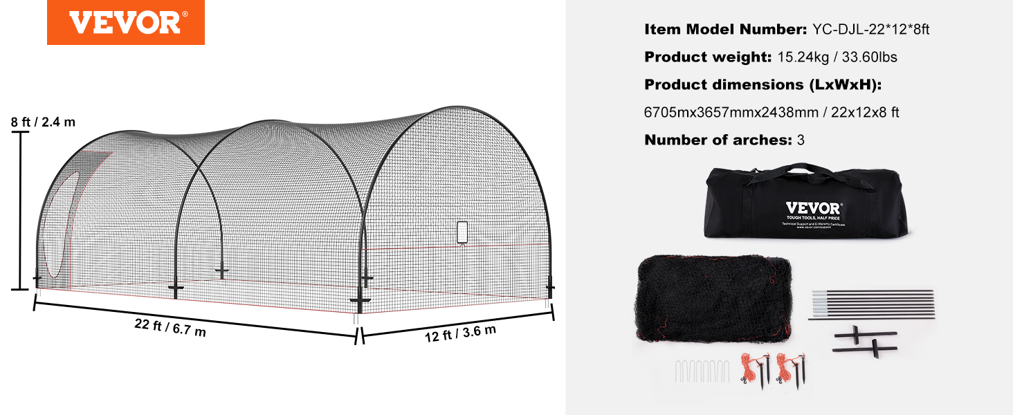 VEVOR klietka na baseballové pálky, sieť a rám klietky na softballové a baseballové pálky, cvičná prenosná sieť na klietka s taškou, uzavretá klietka pre veľké zaťaženie, pre tréning odpalov na dvore, 22 stôp