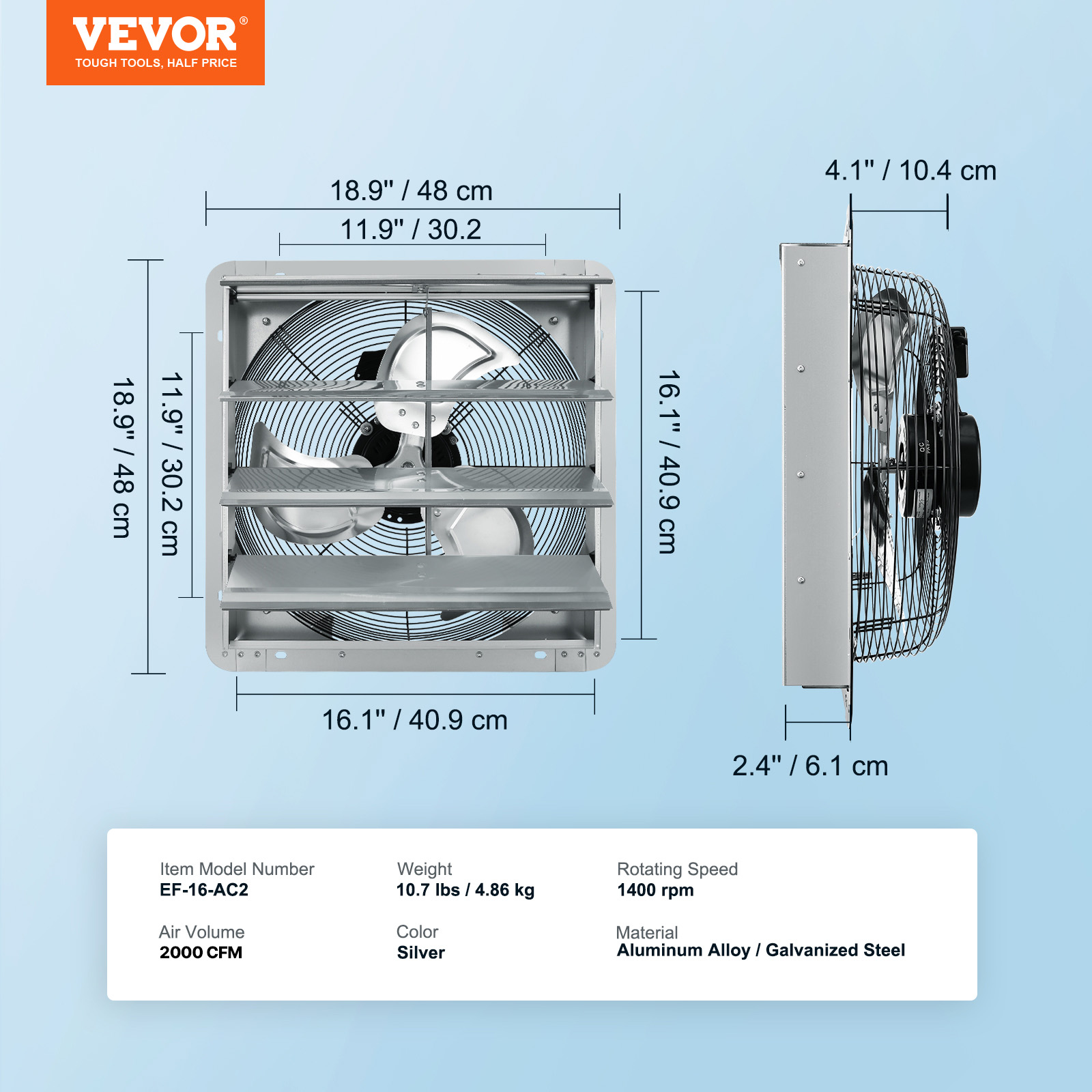 16 Inch Shutter Exhaust Fan – Wall Mount, 2000 CFM, Aluminum, Garage/Greenhouse