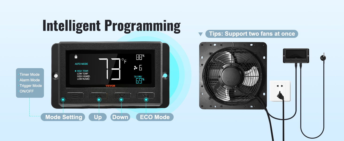 VEVOR shutter exhaust fan with intelligent programming, showing control panel and fan unit.