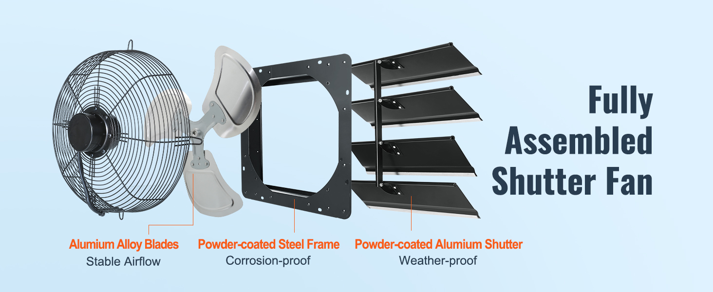 VEVOR shutter exhaust fan with aluminum alloy blades, powder-coated steel frame, and aluminum shutters.