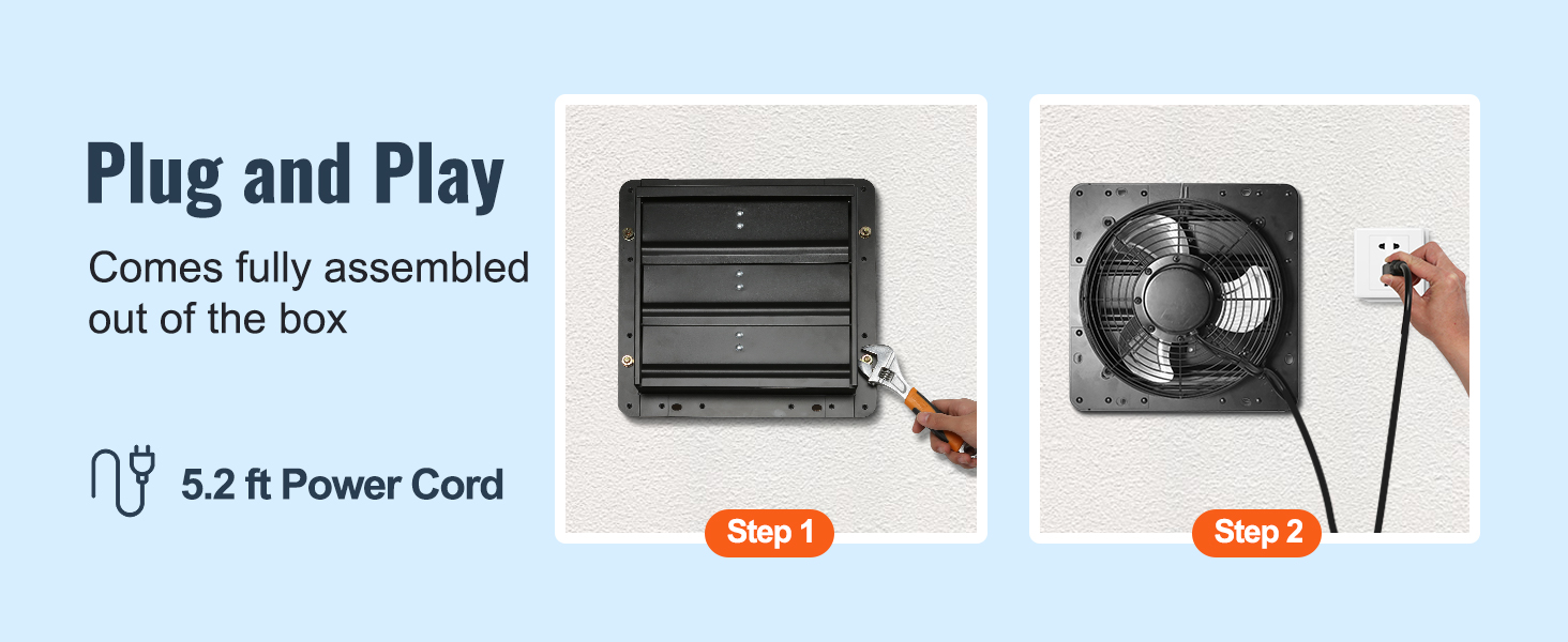 VEVOR shutter exhaust fan with 5.2 ft power cord. plug and play, fully assembled, easy installation steps.