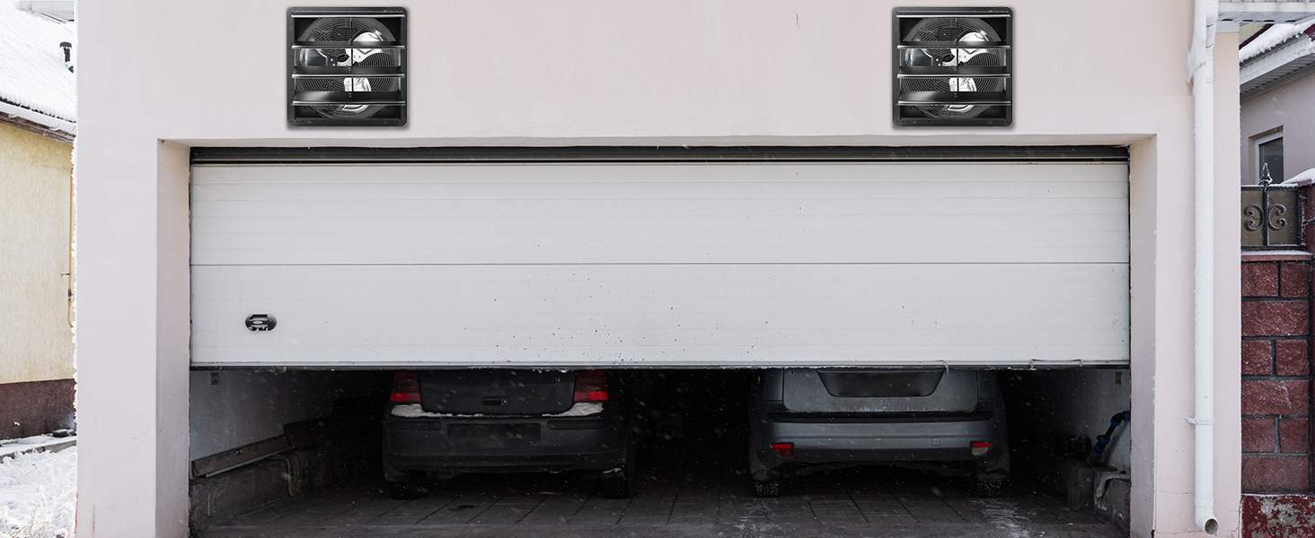 garage with partially open door, two cars, and two VEVOR shutter exhaust fans installed above.